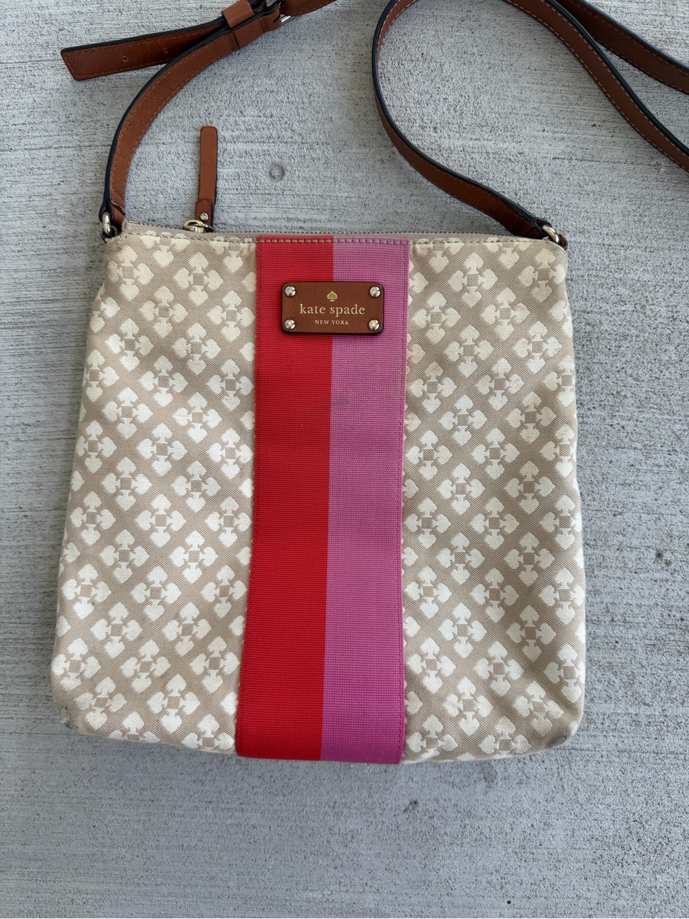 Kate Spade New York Crossbody Bag Canvas Spade Print Pink Red Stripe - Picture 2 of 13